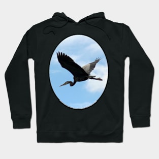 Great Blue Heron Flying Past the Clouds Above Trojan Pond Hoodie